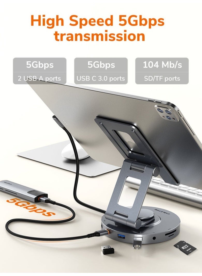 كابل تايم موزع USB-C ثماني في واحد مع حامل قابل للدوران 360 درجة، يدعم HDMI بدقة 4K 60Hz، بالإضافة إلى منفذي USB 3.0، ومنفذ USB-C واحد (بسرعة 5 جيجابت في الثانية)، ومنفذ SD/TF (بسرعة 5 جيجابت في الثانية)، ومنفذ صوت، ومنفذ PD (بقوة 100 واط). - Image 4